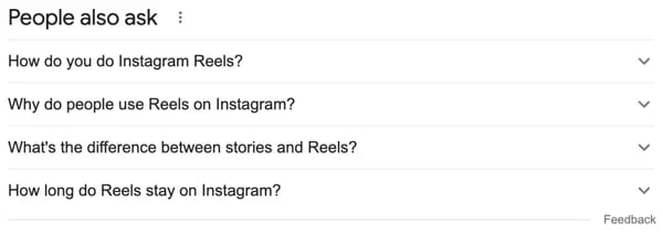 The People Also Ask search results for the term Instagram Reels on Google.