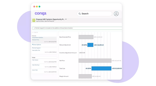 configure price quote software from conga showing a proposal with pricing adjustments, net price, and margin