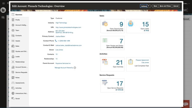 configure price quote software from oracle showing an account overview with open quotes and orders