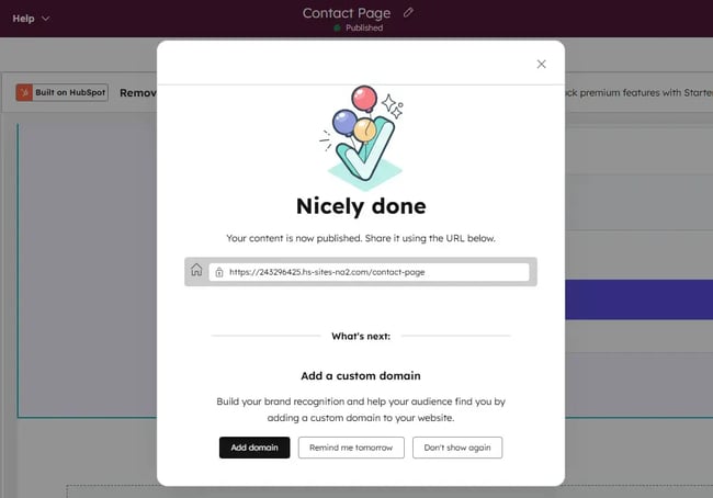 confirmation of the contact page publication
