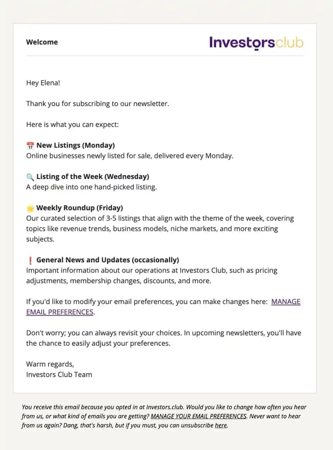 Confirmation Email Examples - Investors Club