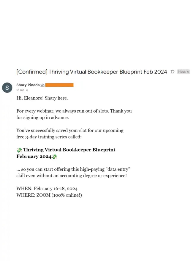 Confirmation Email Examples - Thriving Virtual Bookkeeper Blueprint