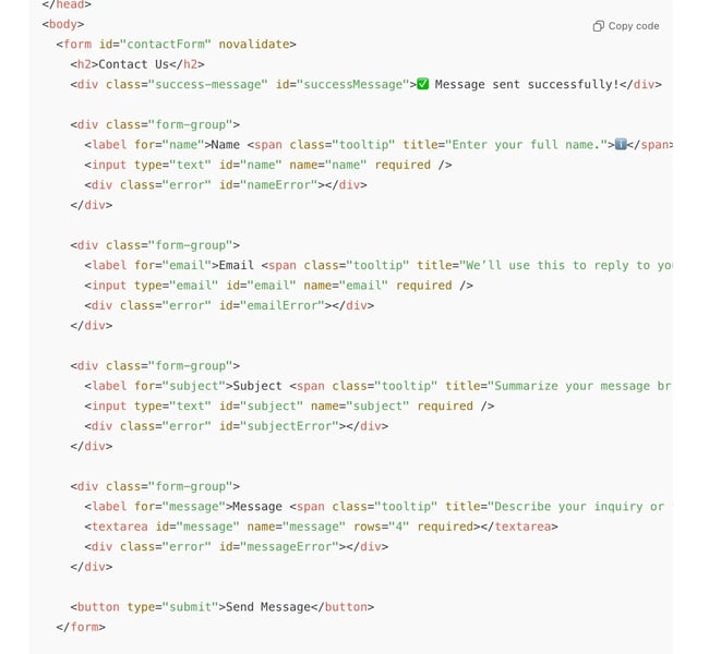 contact form builder, ai prompts for web developers