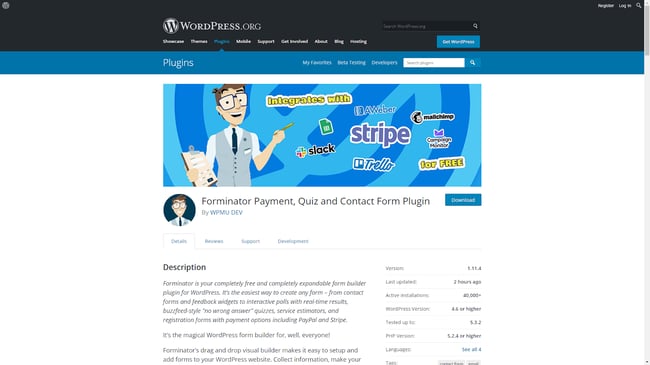 product page for the contact form plugin forminator