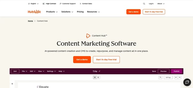 content hub by hubspot landing page for managing website content