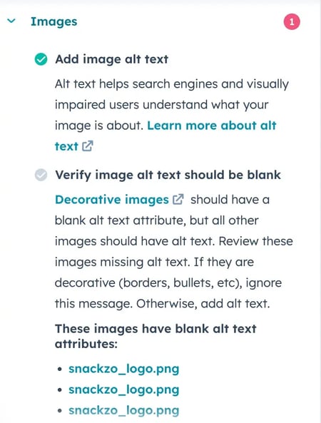 content inventory tool displaying alt text validation rules and a list of items with blank alt attributes.