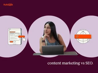 woman between two icons representing content marketing vs seo
