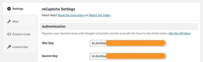 placing keys in the google recaptcha wordpress plugin