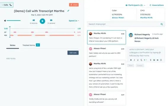 conversation intelligence in HubSpot’s call tracker