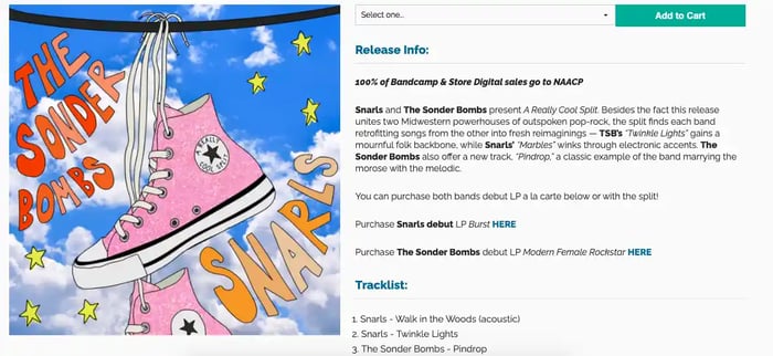The product page for the Snarls and Sonder Bombs split.