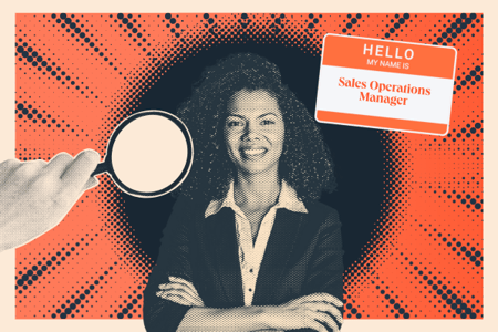a graphic of a sales operations manager in the center alongside a nametag that says hello my name is sales operations manager and a hand holding a magnifying glass