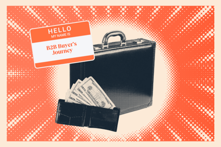 a hubspot-branded featured image with a briefcase and a wallet with money coming out alongside a nametag that says hello my name is B2B buyers journey