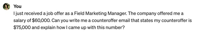 Counteroffer email example prompt for ChatGPT on market research