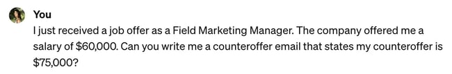 Counteroffer email example prompt for ChatGPT on salary negotiation
