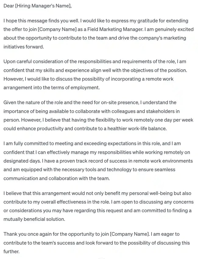 Counteroffer email example prompt for ChatGPT on benefits negotiations