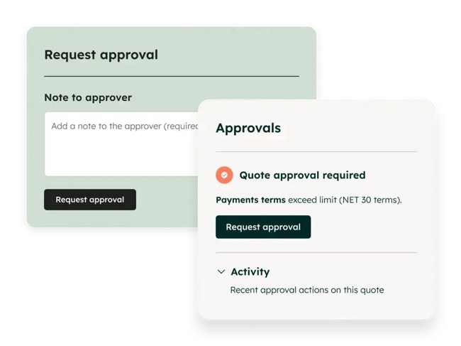 Configure price quote software in Revenue Hub showing a quote approval request and approval status
