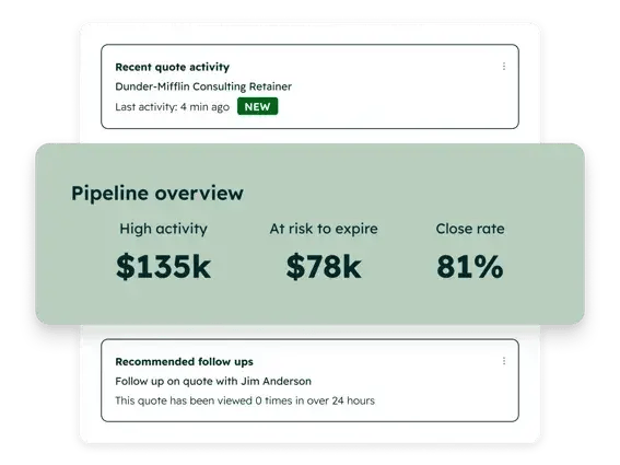 configure price quote software in Revenue Hub showing a pipeline overview with quote activity and close rate
