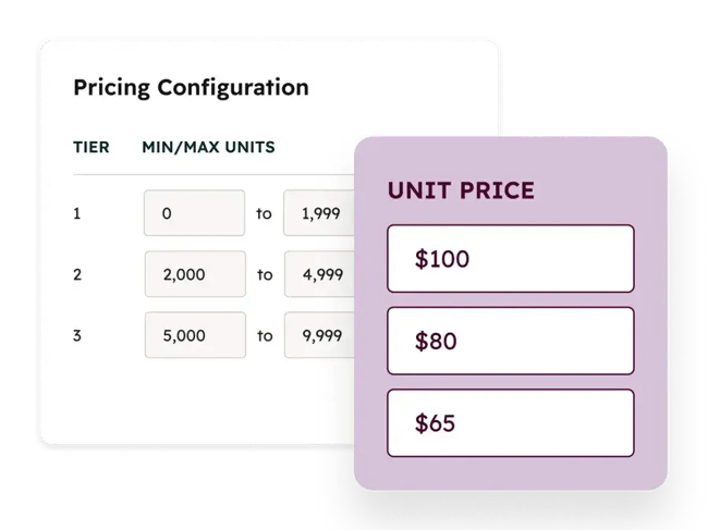 Configure price quote software in Revenue Hub showing tiered pricing configuration with unit prices by volume
