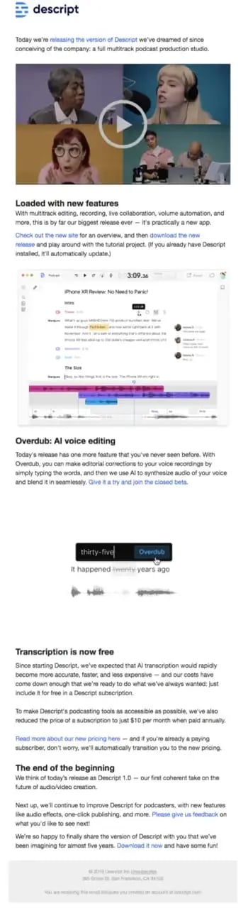 Product launch email example: Descript