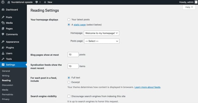 Configuring homepage displays in Reading Settings to create a static website using WordPress