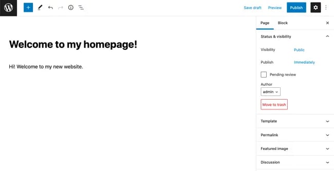 Add new page to create a static website using WordPress