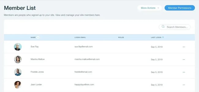 creating a website with membership and user login; a member list from wix