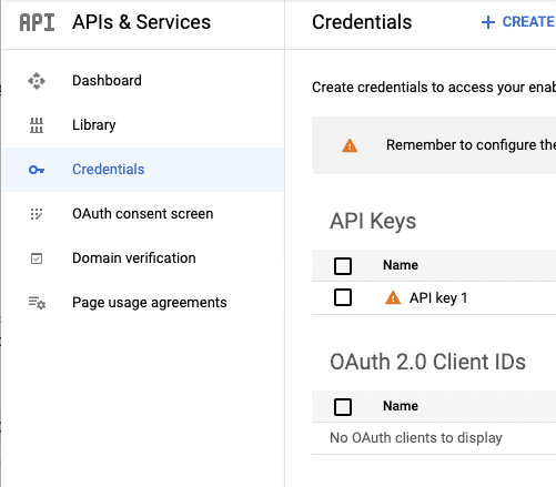 Credentials sidebar that allows you to find your YouTube API key