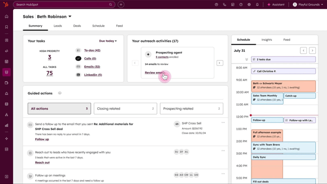 crm for contractors — HubSpot Sales workspace showing prioritized tasks, outreach activities with a prospecting agent, guided actions for follow-ups, and a daily schedule