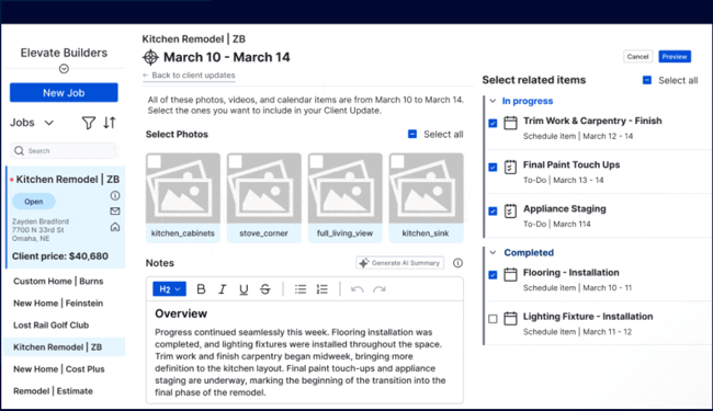 crm for contractors — buildertrend client update interface for a kitchen remodel project showing photo selection, notes editor, and related schedule items