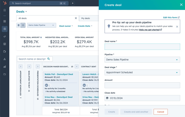 crm for contractors — hubspot sales hub deal pipeline with deal creation form open
