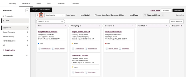 crm for contractors — hubspot sales hub prospects board showing leads organized across new, attempting, connected, qualified, and disqualified stages
