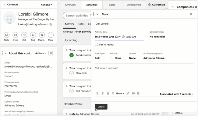 crm for contractors — hubspot task creation interface on a contact record