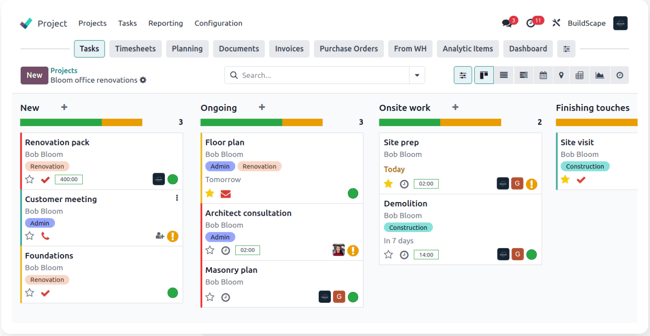 crm for contractors — odoo project view with kanban board showing renovation tasks organized across new, ongoing, onsite work, and finishing touches columns