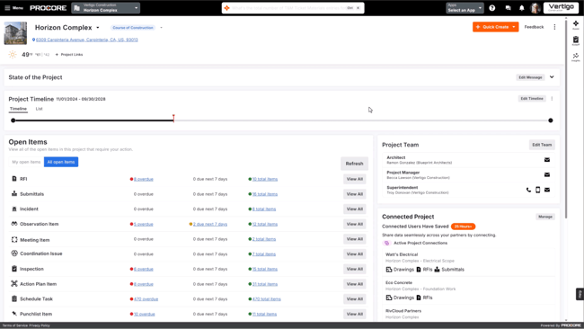 crm for contractors — procore project dashboard showing project timeline and open items list including rfis, submittals, inspections, and punchlist tasks