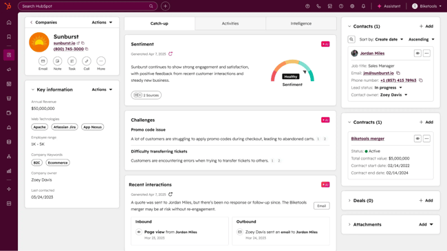 crm for utilities ¡ª hubspot crm company record with breeze ai sentiment score, auto-generated customer summary, and recent interactions panel