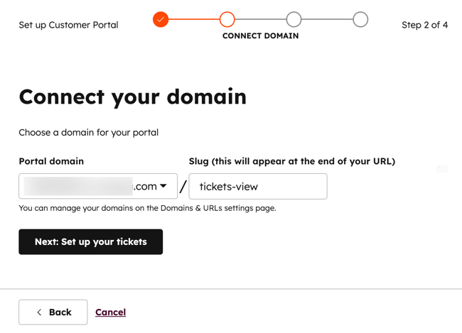 crm for utilities ¡ª hubspot customer portal setup showing the connect-domain step where utility companies link a custom domain to ticketing views for customers