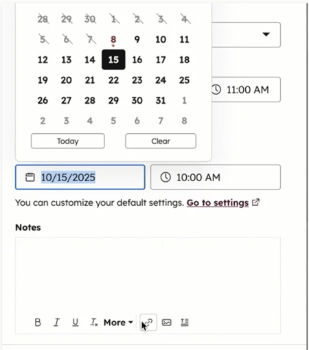 crm for utilities ¡ª hubspot task scheduling interface showing date picker, time selection, and notes field for setting up automated reminders