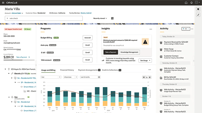 crm for utilities ¡ª oracle utilities customer record showing multi-commodity service hierarchy, smart meter accounts, ai shutoff insights, and program enrollment options