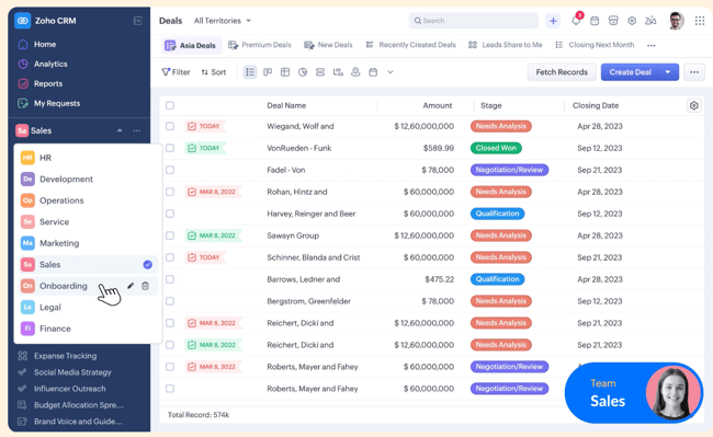 crm for utilities ¡ª zoho crm deals workspace showing pipeline view with stage tags, multi-department navigation, and customizable filters