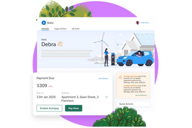 crm for utilities, salesforce energy & utilities cloud customer self-service portal showing payment due, account details, and predicted outage notifications