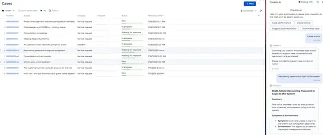 crm with AI, Image showing article generation using Creatio AI features