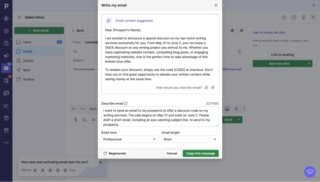 crm with AI, Image showing content creation using AI in Pipedrive��s CRM
