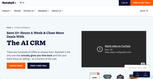 crm with ai, image showing the website of nutshell��s ai crm