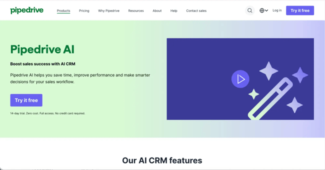 crm with ai, image showing the website of pipedrive��s ai-powered crm