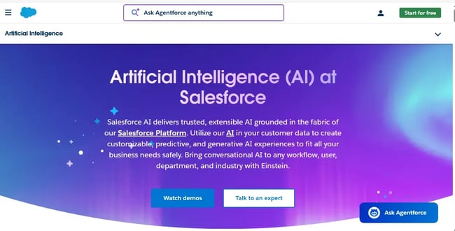 crm with ai, image showing the website of salesforce einstein