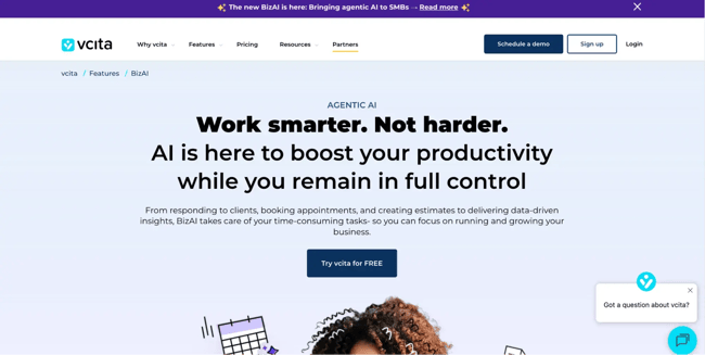 crm with ai, image showing the website of vcita��s bizai
