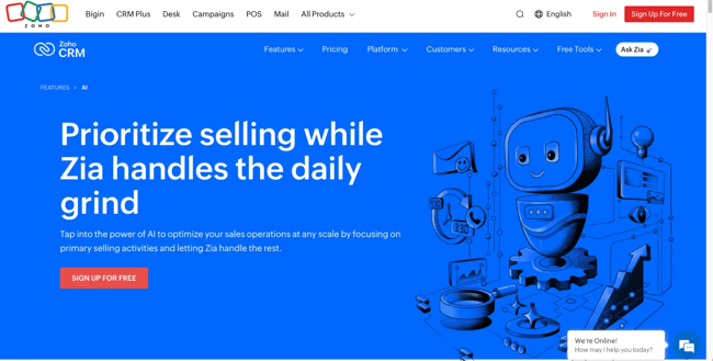 crm with ai, image showing the website of zoho��s zia