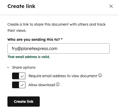 A document sharing dialog with email input and options for requiring email to view and allowing downloads, vital for compliance logging.