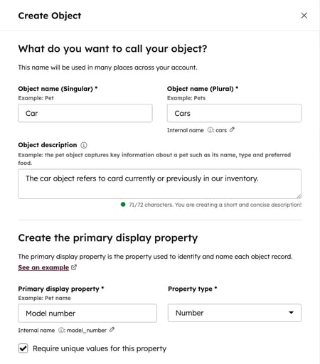 HubSpot interface for creating a custom object, defining its name like 'Car' and 'Cars', description, and 'Model number' as a property.