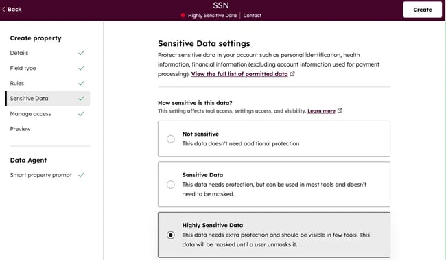 HubSpot's 'Sensitive Data settings' page showing 'Highly Sensitive Data' selected for maximum protection.